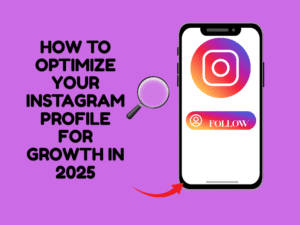 Instagram profile displayed on a smartphone with growth charts, social media icons, and engagement symbols like likes, comments, and shares – visualizing Instagram profile optimization for 2025.