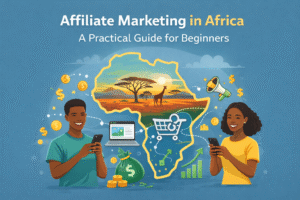 Illustration of two young African digital creators using smartphones, with a large Africa map in the background and icons of money, shopping cart, laptop, and growth chart representing affiliate marketing opportunities in Africa.