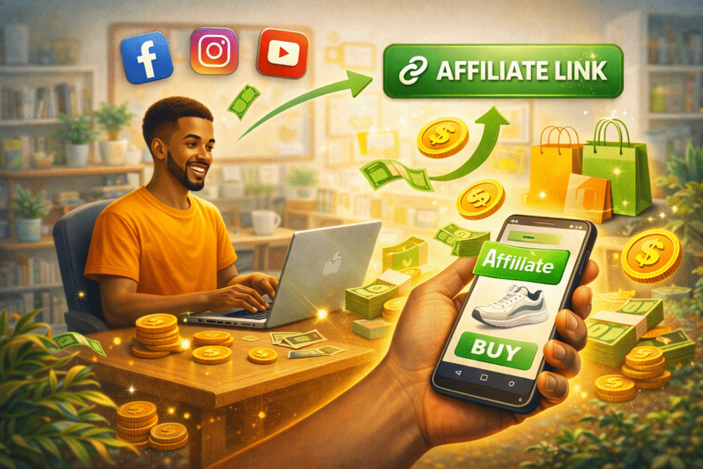 Illustration of a man promoting products via affiliate marketing, with a smartphone showing a shoe product and social media icons for Facebook, Instagram, and YouTube.